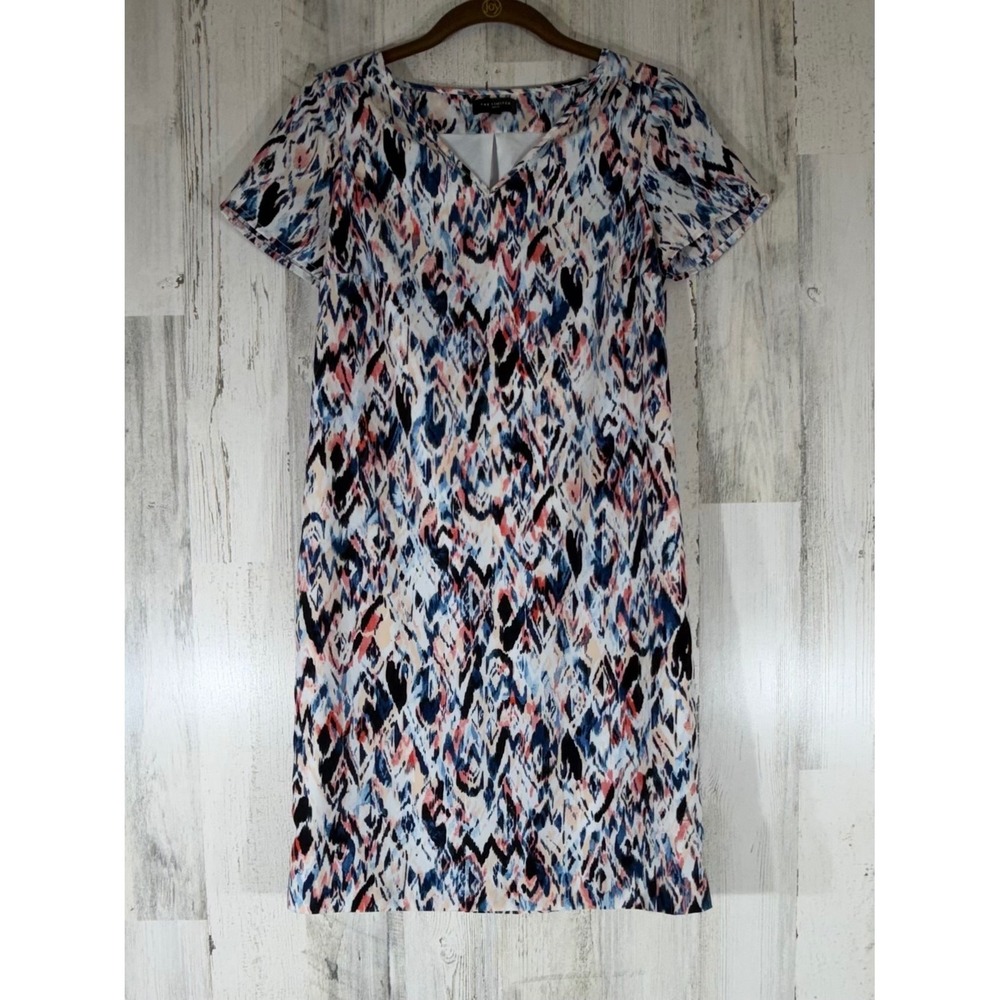 The Limited Shift Dress XXS Petite Blue Abstract Ikat Print Short Sleeve V-Neck